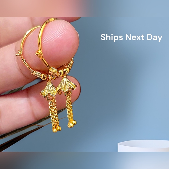 22k Real Dubai Gold Plated Hoop Jhumka Earrings / Small Hoop Earrings Gold NWT - Picture 2 of 4